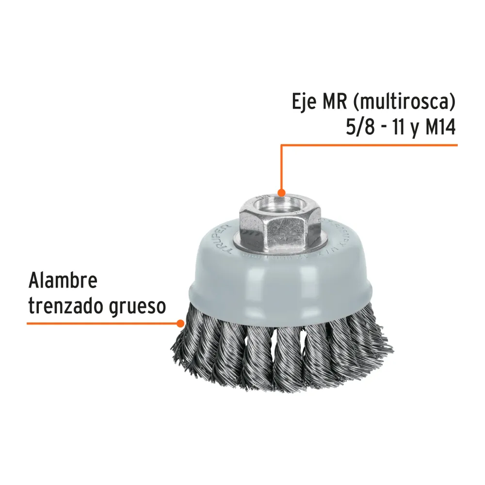 Carda copa 3' alambre trenzado grueso, Multi-rosca, Truper 100854 CT-608MRX