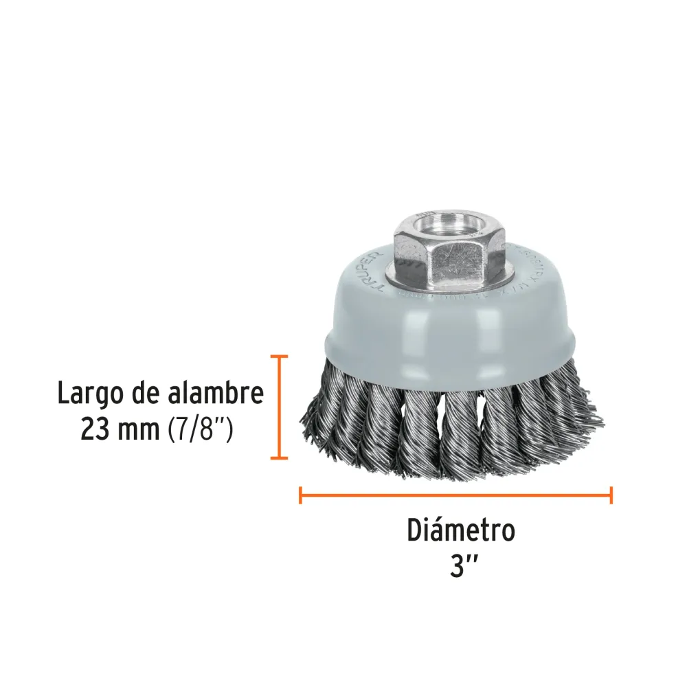 Carda copa 3' alambre trenzado grueso, Multi-rosca, Truper 100854 CT-608MRX