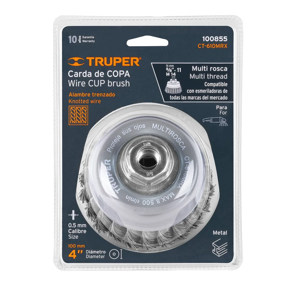 Carda copa 4' alambre trenzado grueso, Multi-rosca, Truper 100855 CT-610MRX