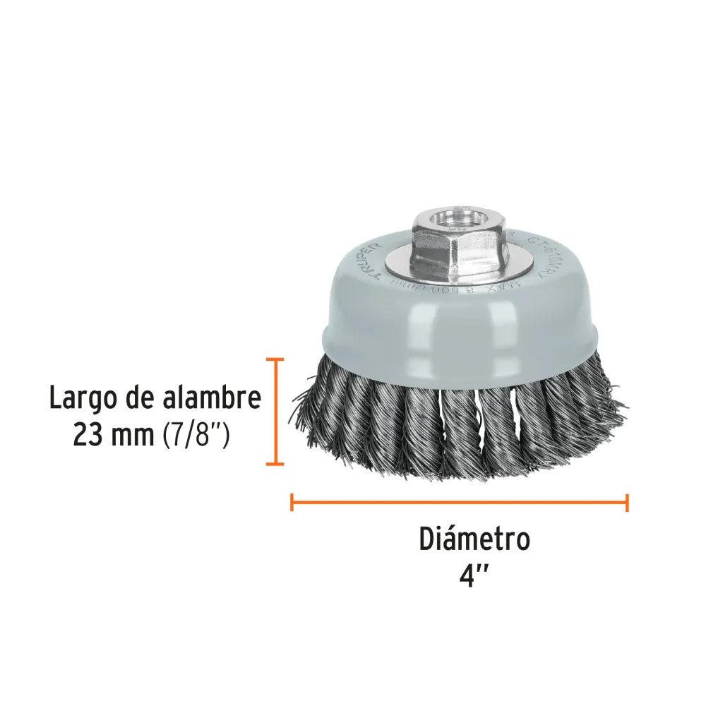 Carda copa 4' alambre trenzado grueso, Multi-rosca, Truper 100855 CT-610MRX