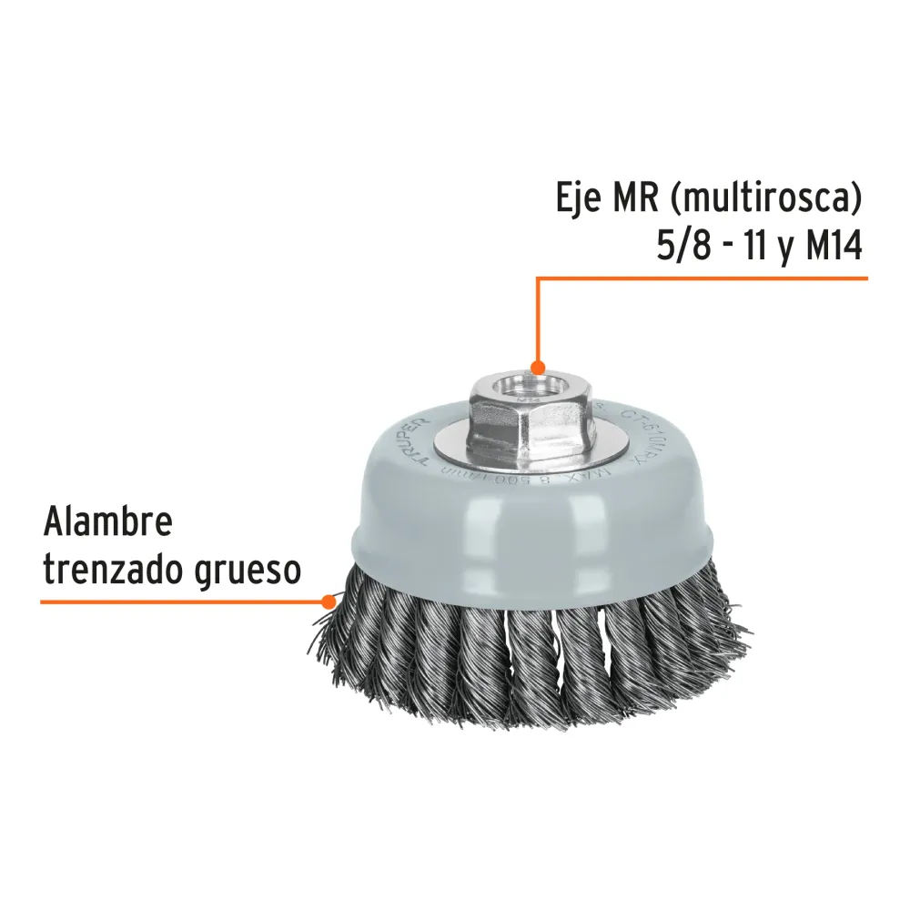 Carda copa 4' alambre trenzado grueso, Multi-rosca, Truper 100855 CT-610MRX
