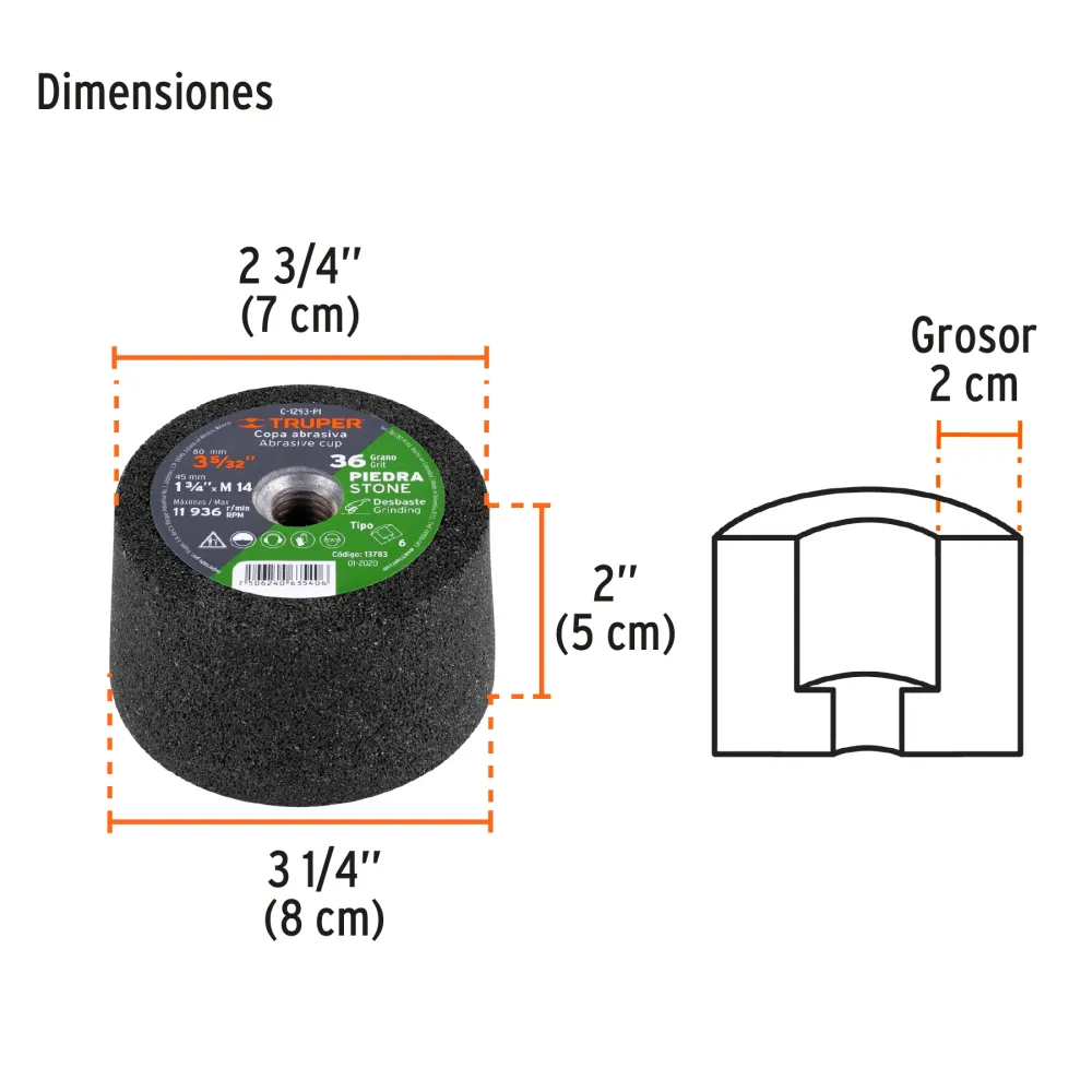 Copa desbaste de piedra 3-5/32' grano 36, eje M14, Truper 13783 C-1293-PI
