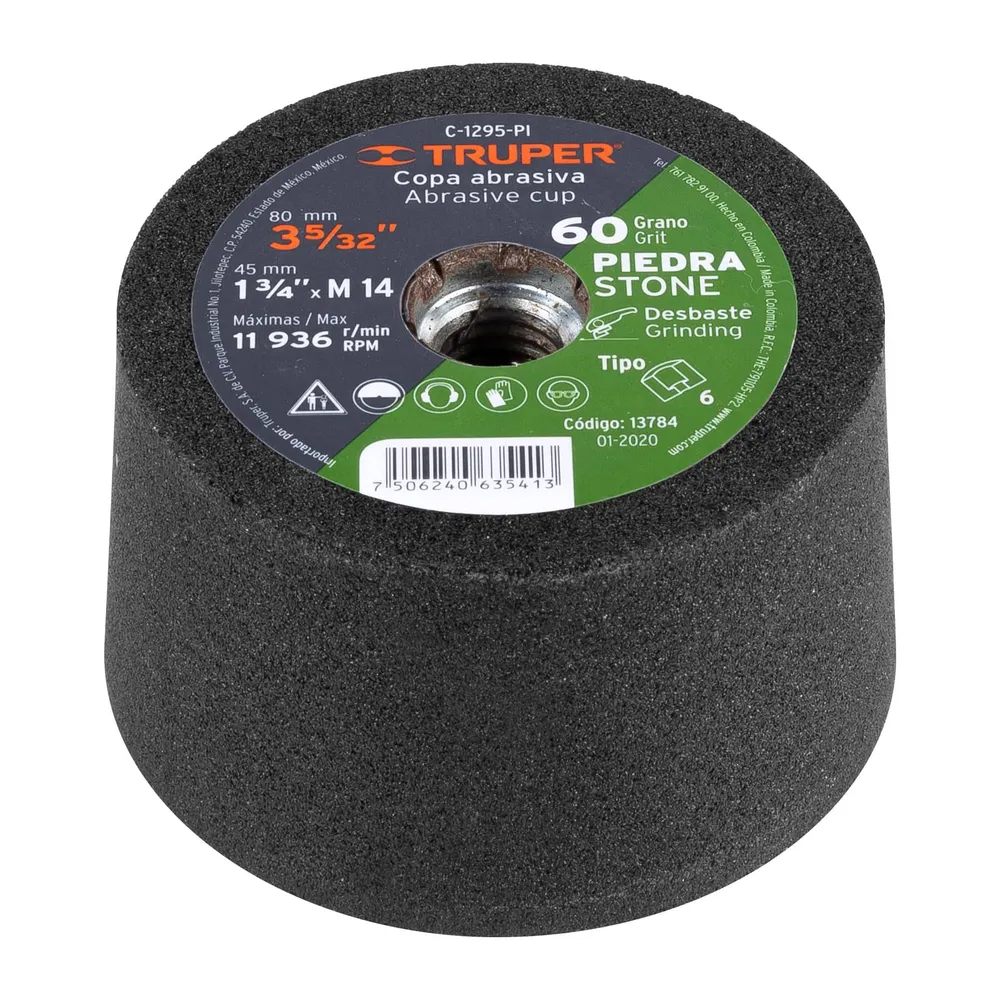 Copa desbaste de piedra 3-5/32' grano 60, eje M14, Truper 13784 C-1295-PI