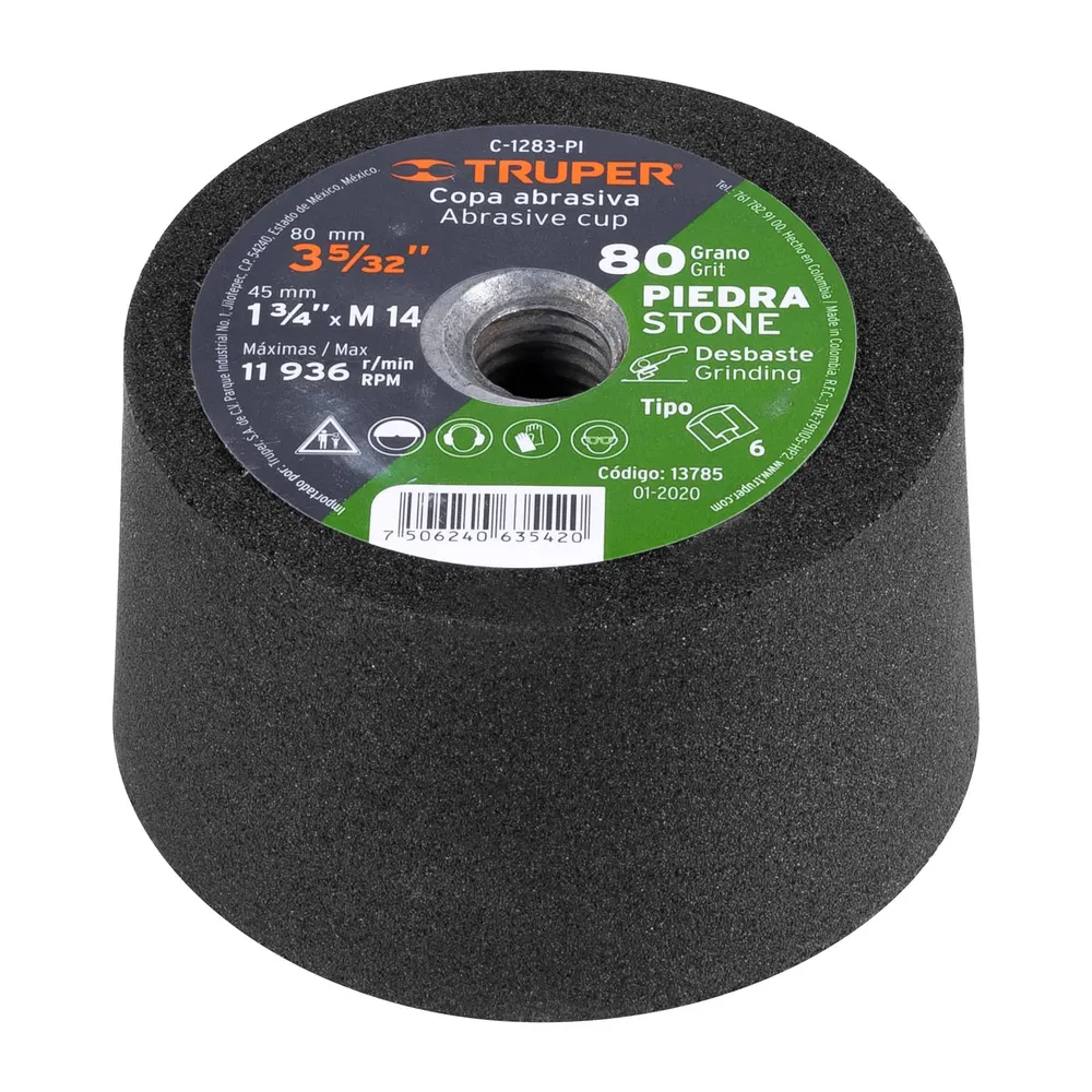 Copa desbaste de piedra 3-5/32' grano 80, eje M14, Truper 13785 C-1283-PI
