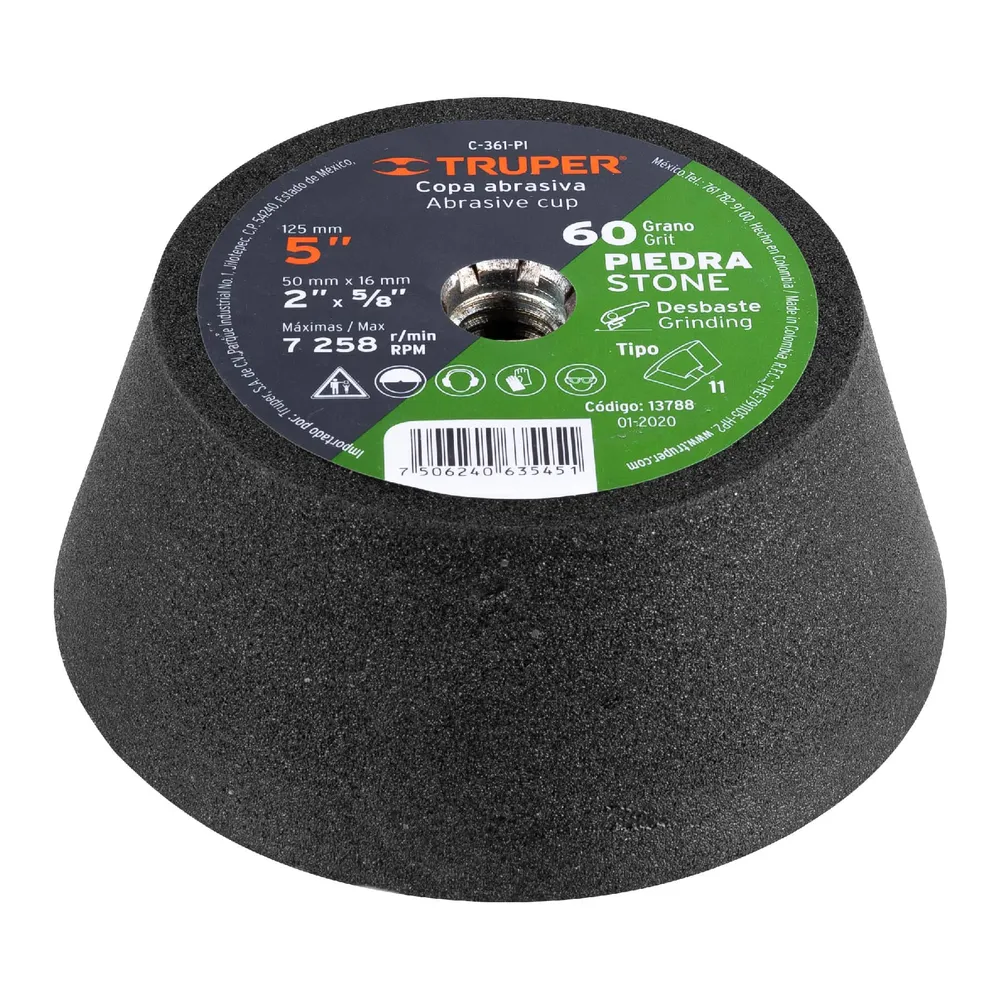 Copa desbaste de piedra 5' grano 60, eje 5/8-11, Truper 13788 C-361-PI