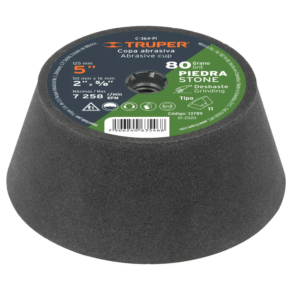 Copa desbaste de piedra 5' grano 80, eje 5/8-11, Truper 13789 C-364-PI