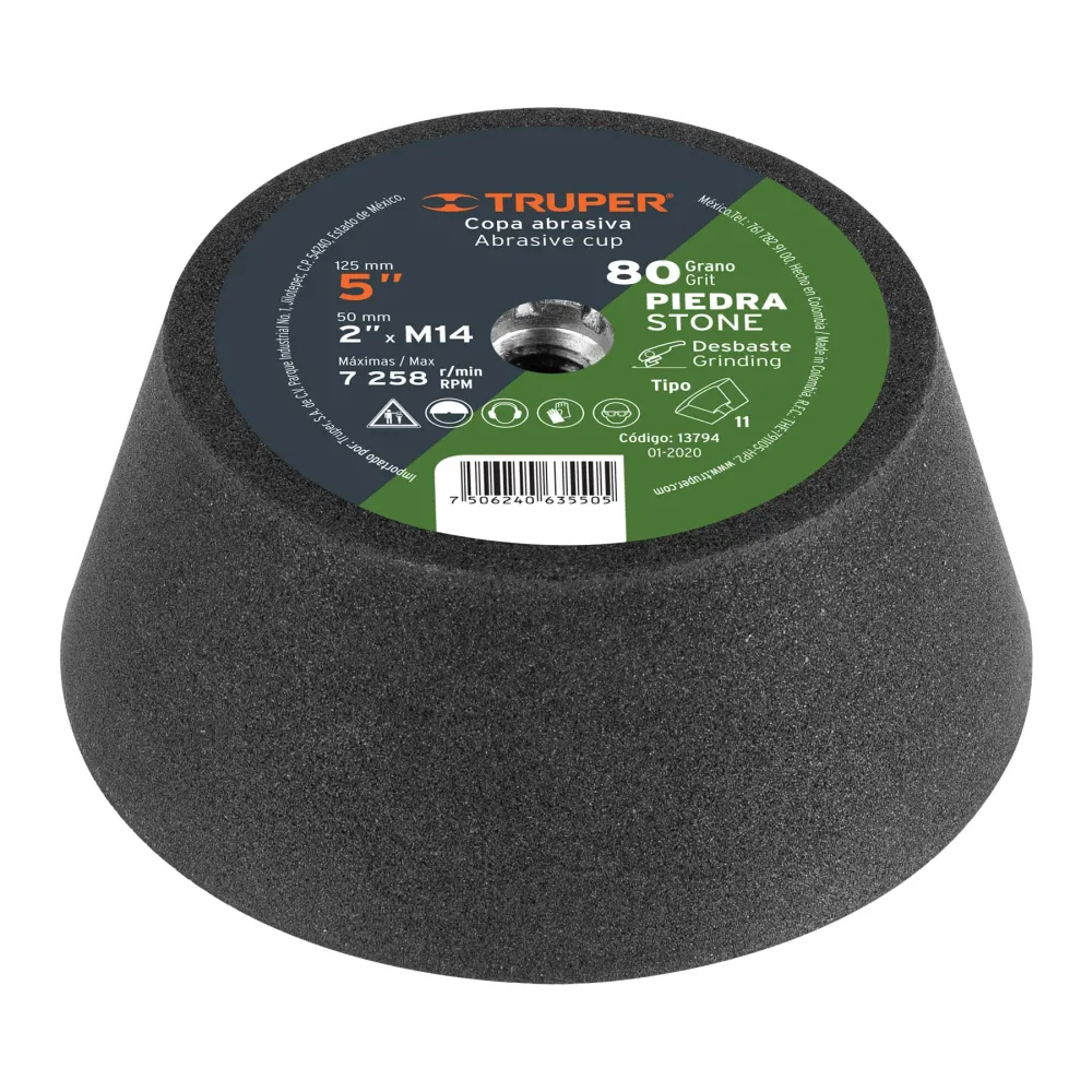 Copa desbaste de piedra 5' grano 80, eje M14, Truper 13794 C-360-PI