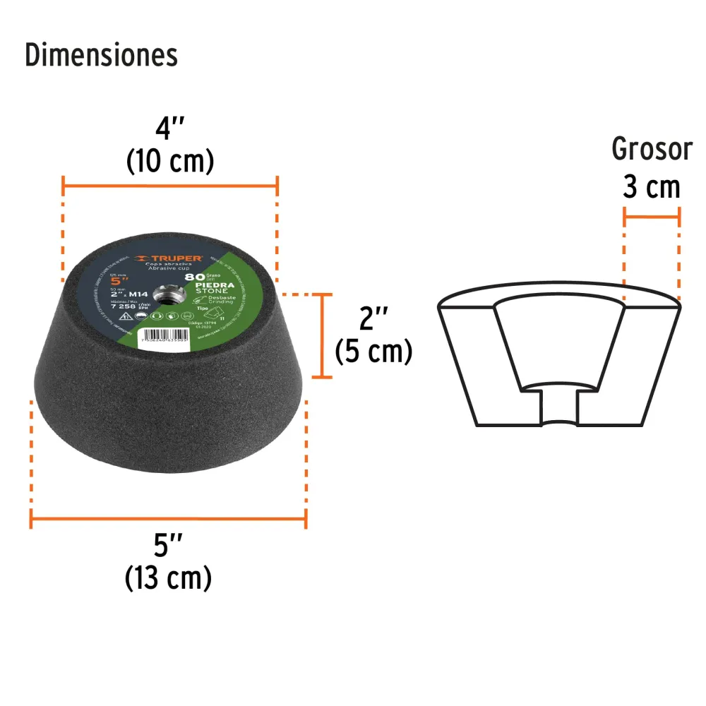 Copa desbaste de piedra 5' grano 80, eje M14, Truper 13794 C-360-PI
