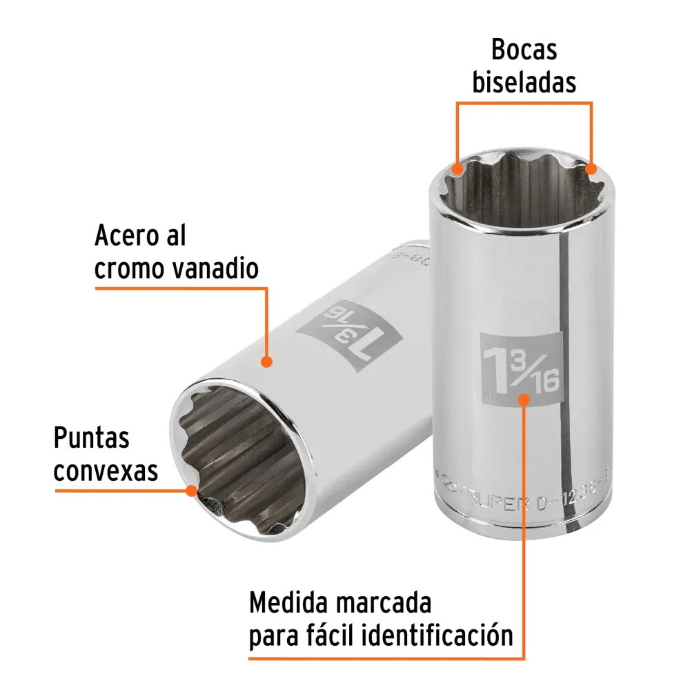 Dado largo de 1-3/16" 12 puntas, cuadro 1/2", Truper