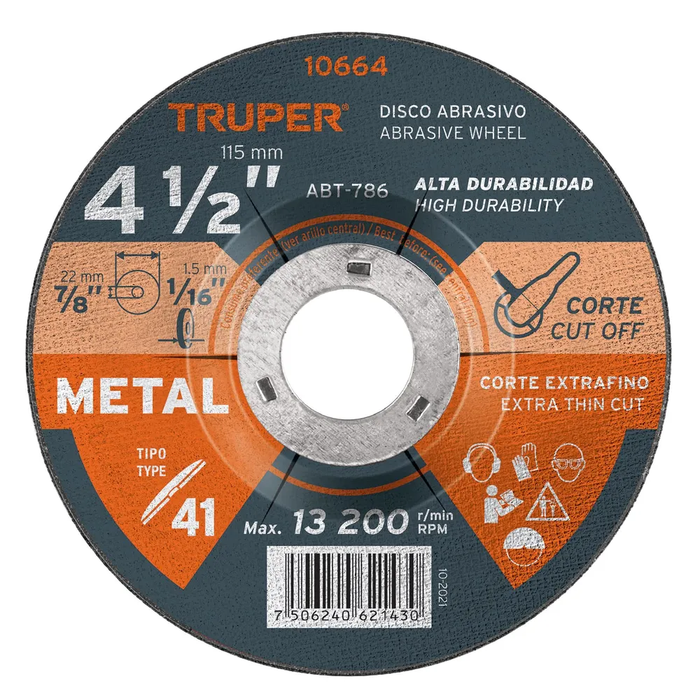 Disco de 4-1/2' para corte de metal, tipo 41, Truper 10664 ABT-786