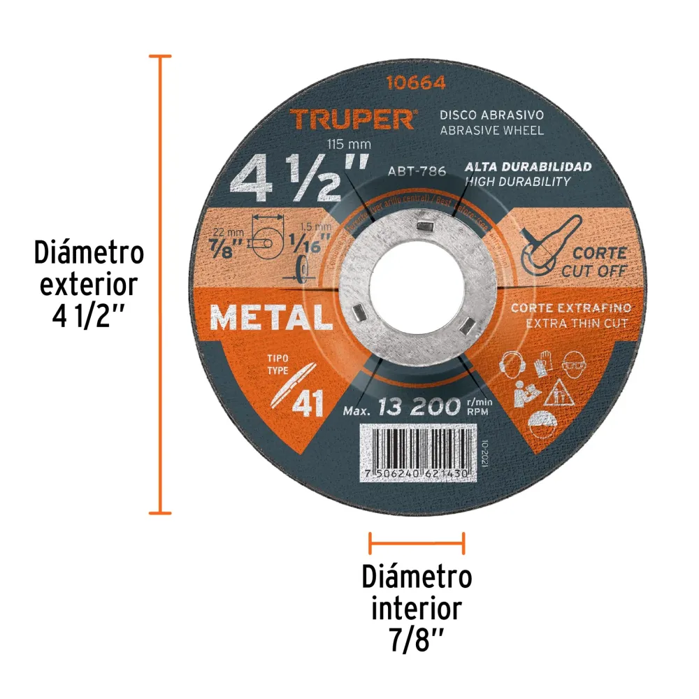 Disco de 4-1/2' para corte de metal, tipo 41, Truper 10664 ABT-786