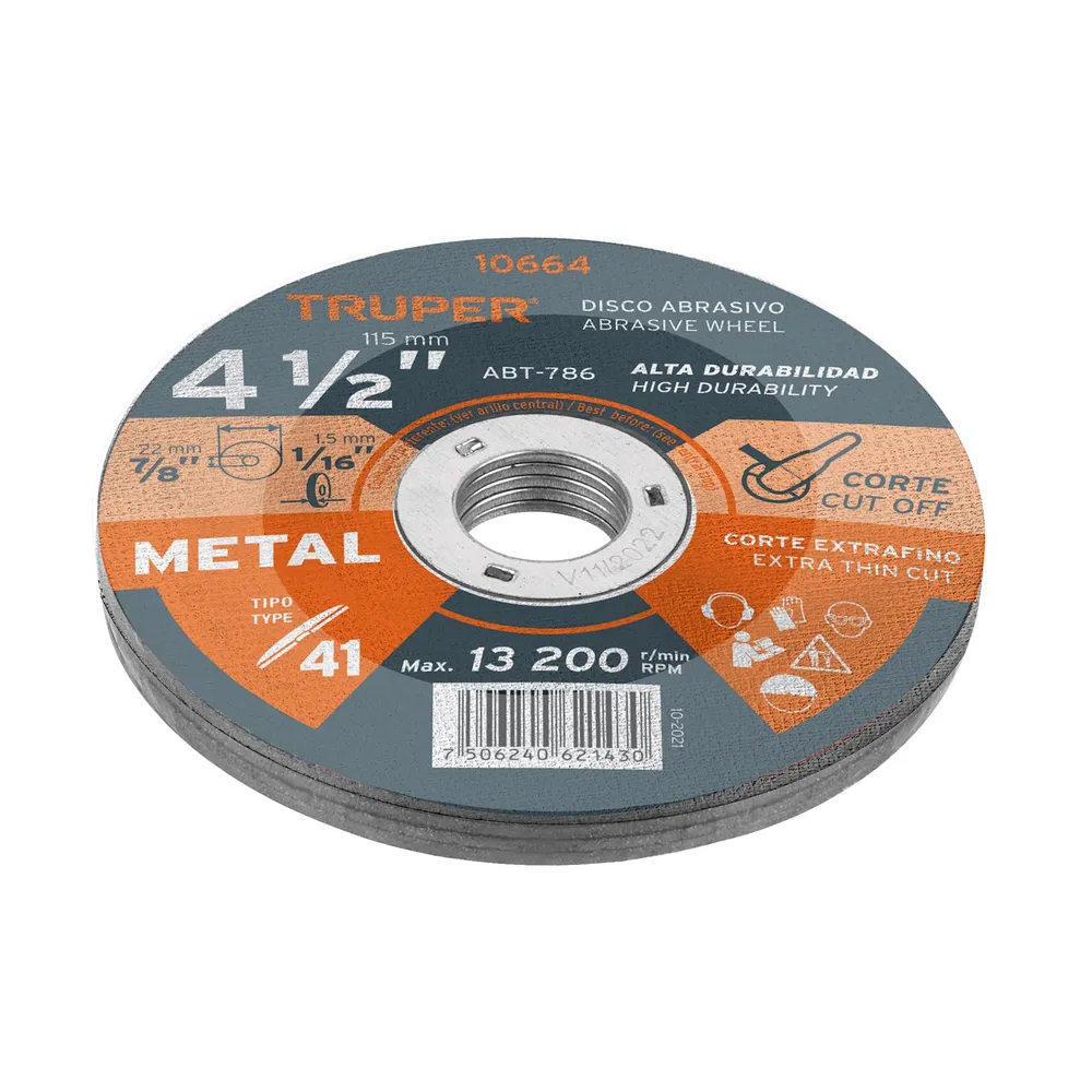Disco de 4-1/2' para corte de metal, tipo 41, Truper 10664 ABT-786