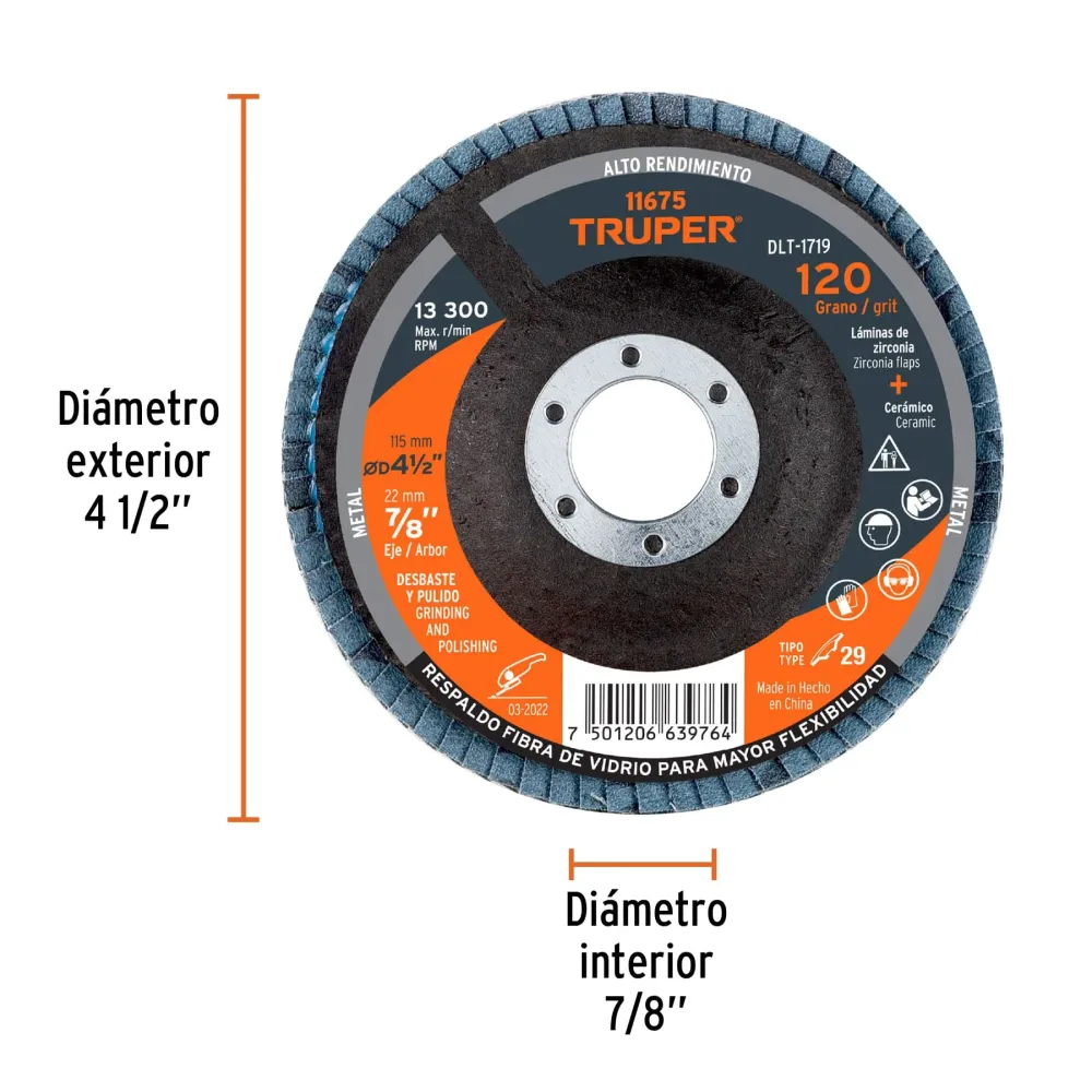 Disco de lija para amoladora 4.1/2" #120 Truper