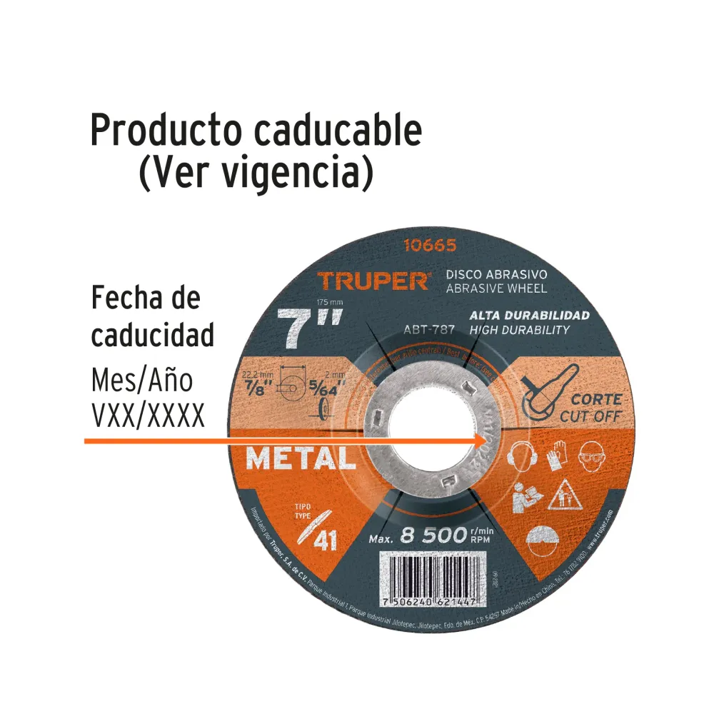 Disco de 7' para corte de metal, tipo 41, Truper 10665 ABT-787