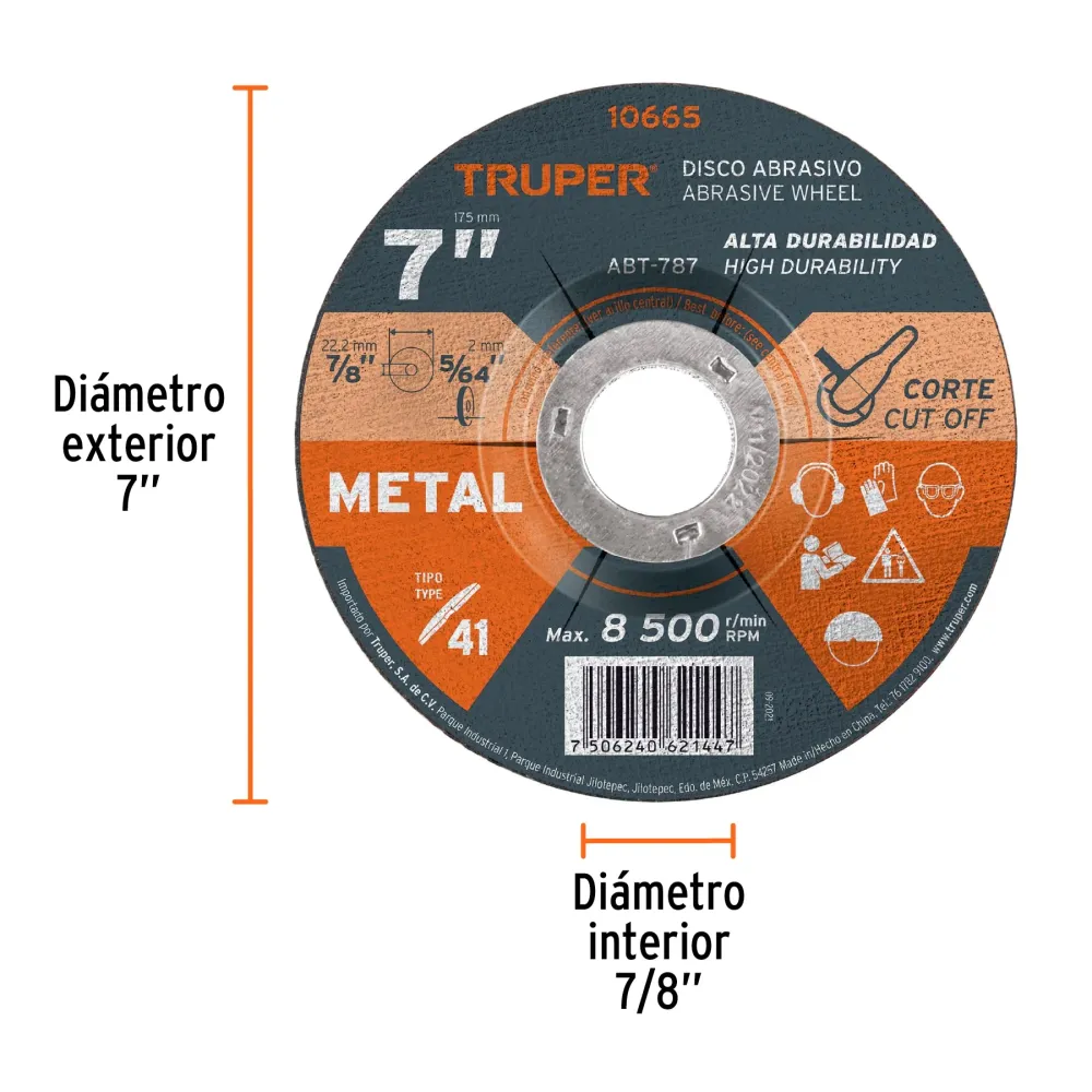 Disco de 7' para corte de metal, tipo 41, Truper 10665 ABT-787