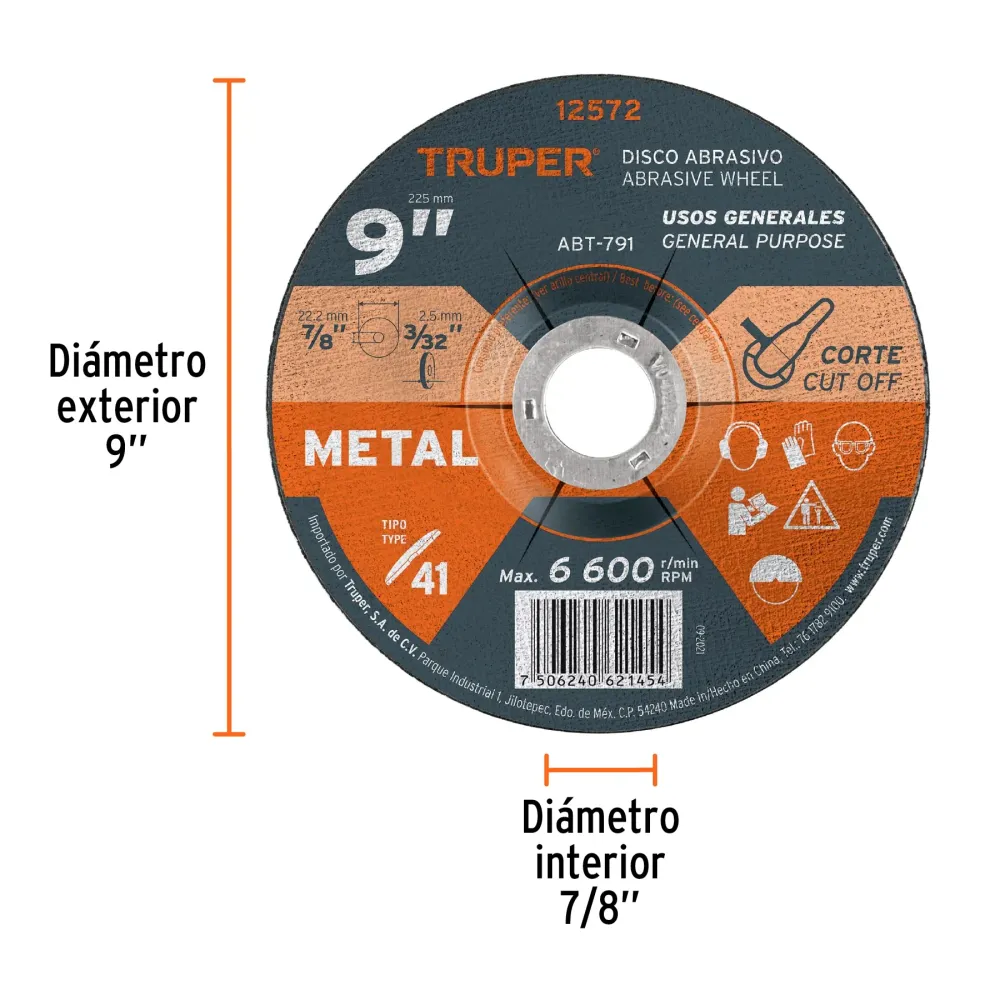 Disco de 9' para corte de metal, tipo 41, Truper 12572 ABT-791