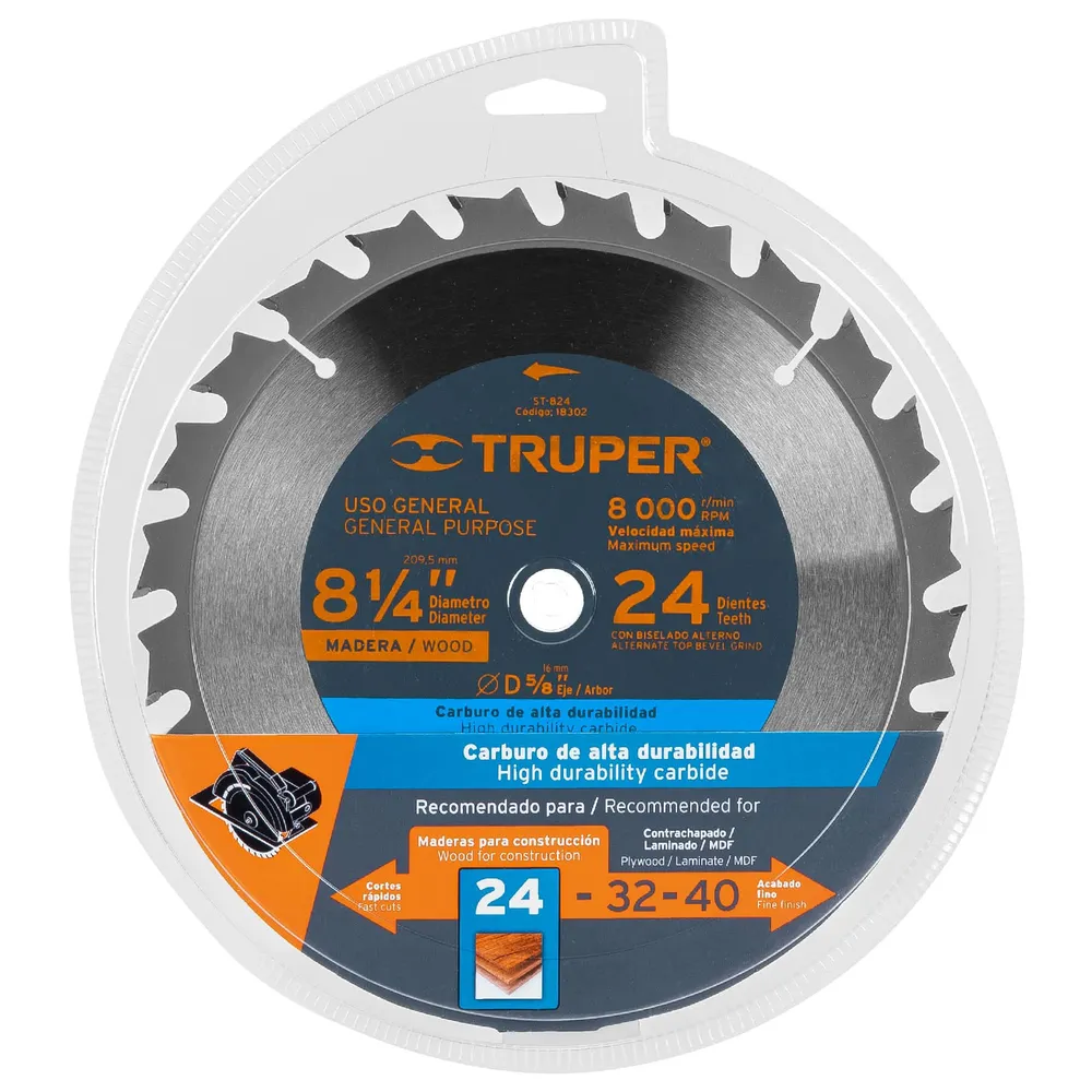 Disco sierra 8-1/4' para madera, 24 dientes centro 5/8' 18302 ST-824 Truper
