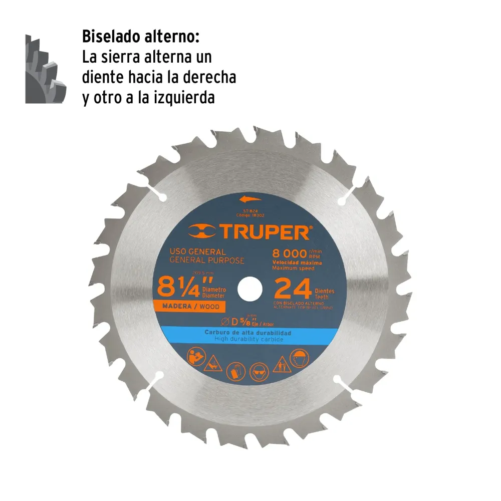 Disco sierra 8-1/4' para madera, 24 dientes centro 5/8' 18302 ST-824 Truper