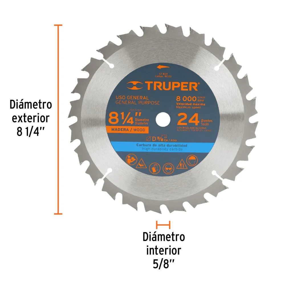 Disco sierra 8-1/4' para madera, 24 dientes centro 5/8' 18302 ST-824 Truper