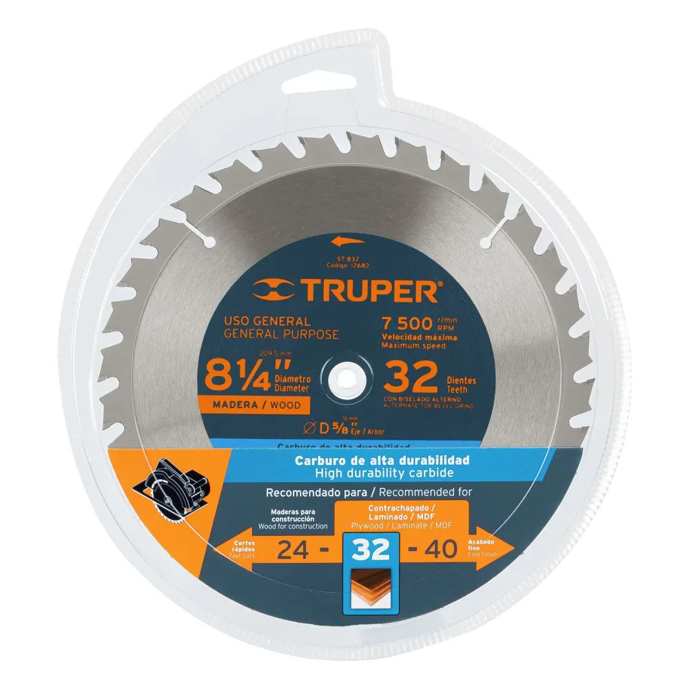 Disco sierra 8-1/4" para madera, 32 dientes centro 5/8" Truper