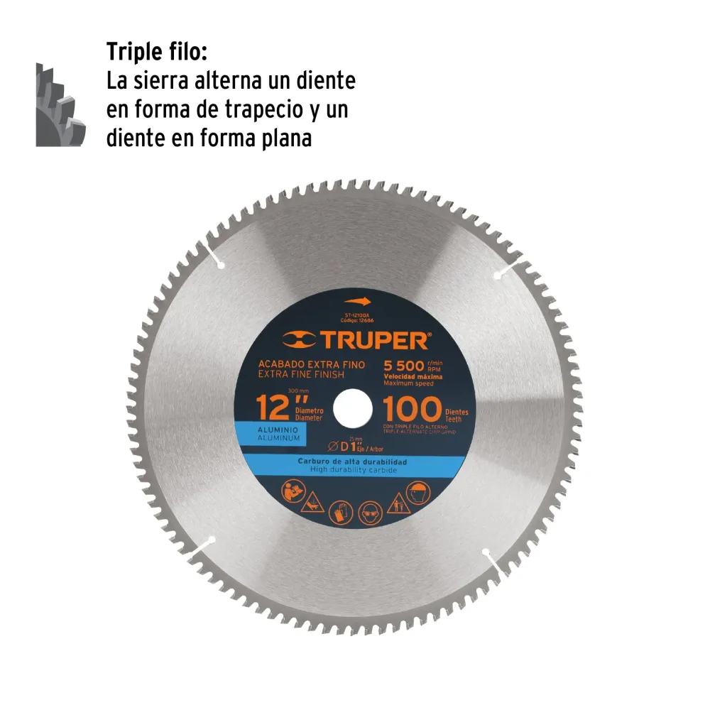 Disco sierra 12' para aluminio, 100 dientes centro 1' 12686 ST-12100A Truper