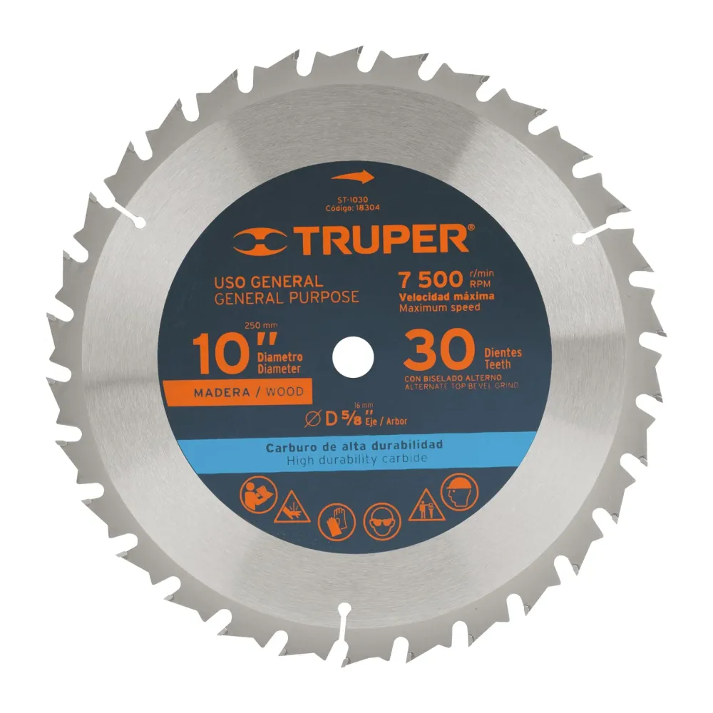 Disco sierra 10' para madera, 30 dientes centro 5/8', Truper 18304 ST-1030