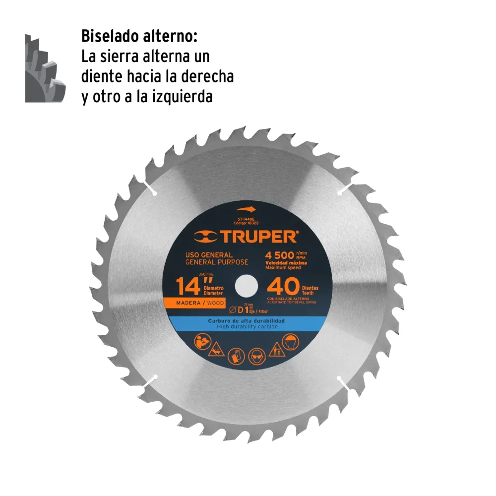 Disco sierra 14' para madera, 40 dientes centro 1', Truper 18322 ST-1440E