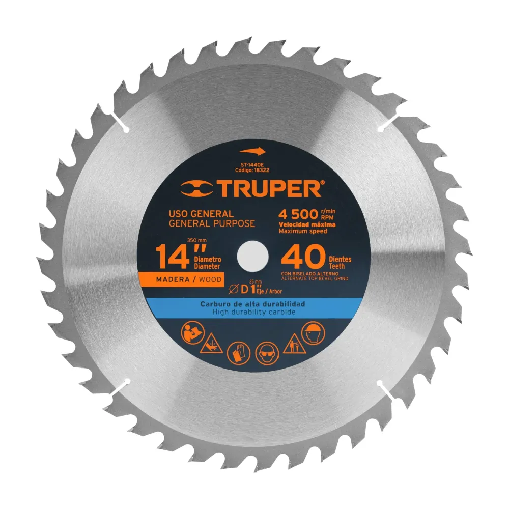 Disco sierra 14' para madera, 40 dientes centro 1', Truper 18322 ST-1440E