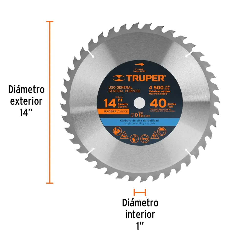 Disco sierra 14' para madera, 40 dientes centro 1', Truper 18322 ST-1440E
