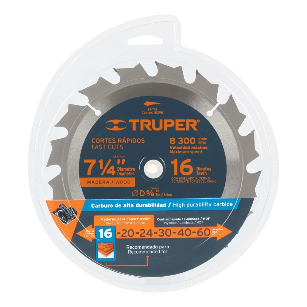 Disco sierra 7- 1/4" para madera, 16 dientes centro 5/8" Truper