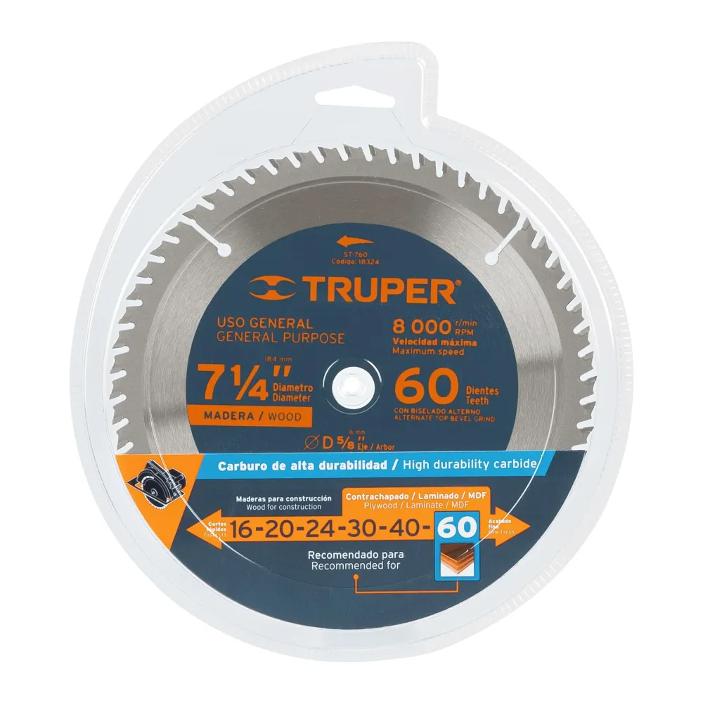 Disco sierra 7- 1/4" para madera, 60 dientes centro 5/8" Truper