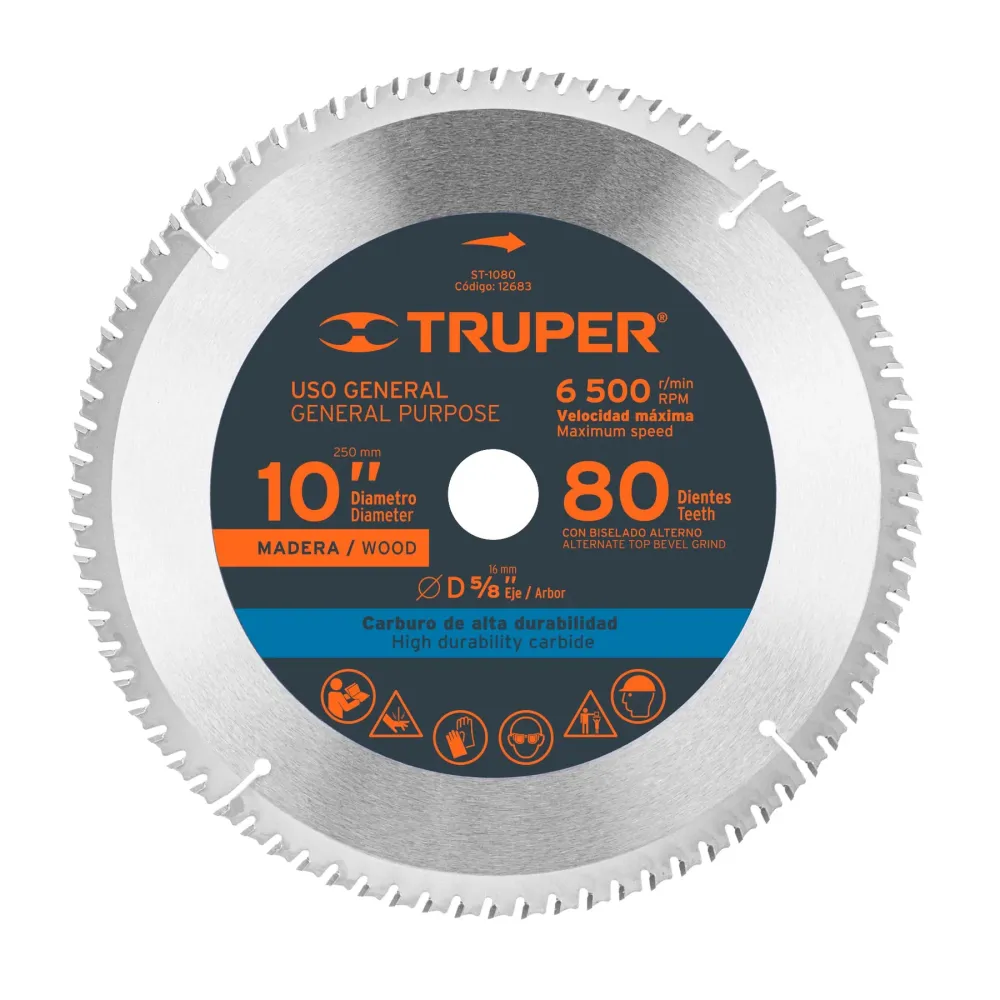 Disco sierra 10' para madera, 80 dientes centro 5/8', Truper 12683 ST-1080