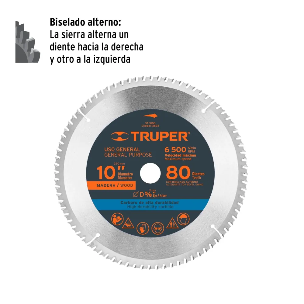 Disco sierra 10' para madera, 80 dientes centro 5/8', Truper 12683 ST-1080