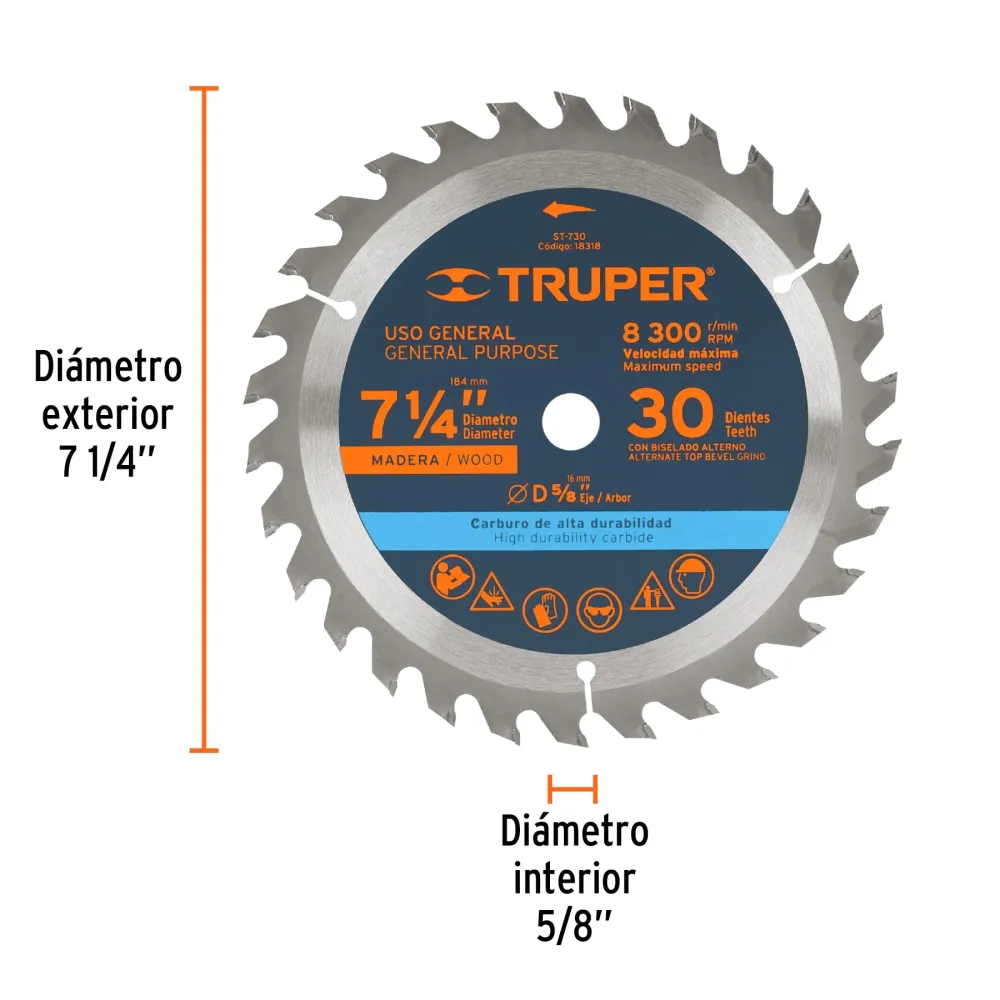 Disco sierra 7- 1/4' para madera, 30 dientes centro 5/8' 18318 ST-730 Truper