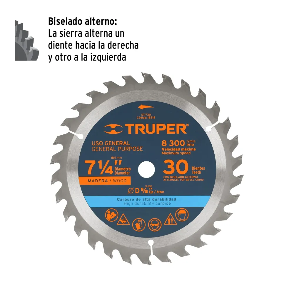 Disco sierra 7- 1/4' para madera, 30 dientes centro 5/8' 18318 ST-730 Truper