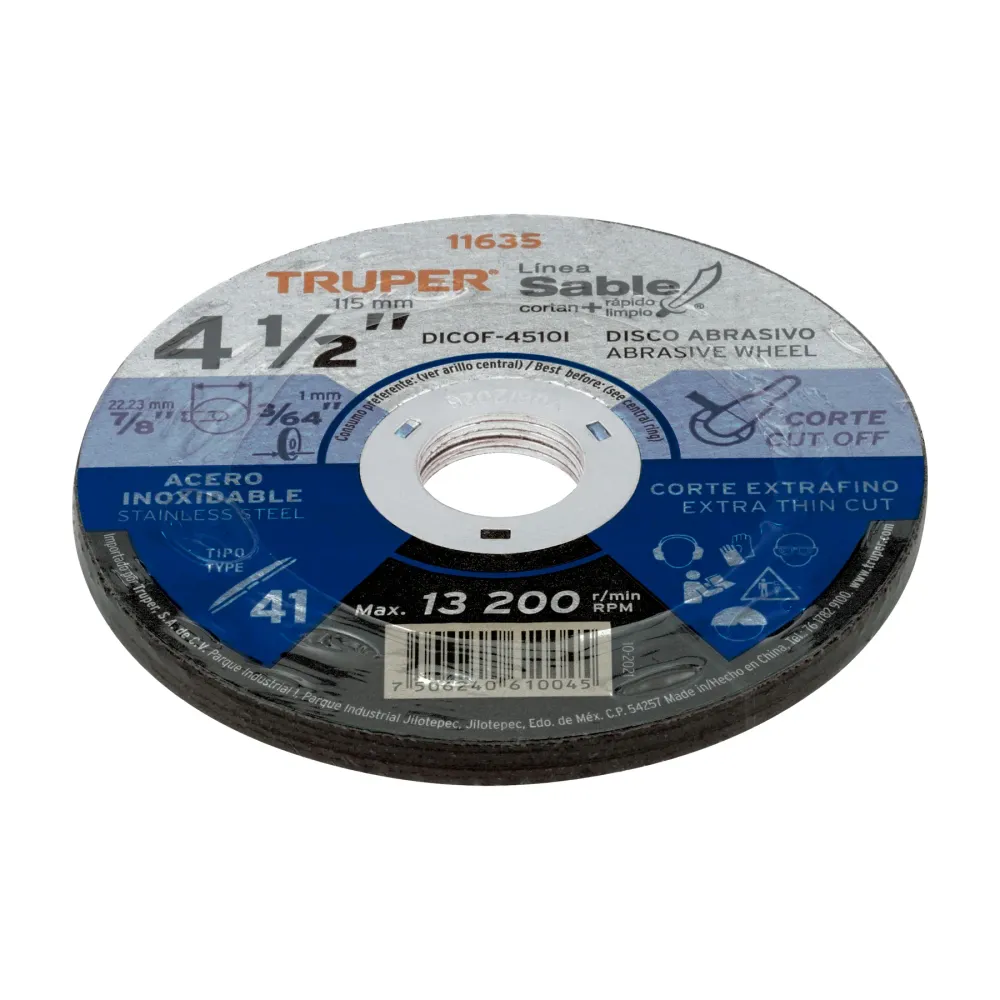 Disco Tipo 41 de 4-1/2' x 1 mm corte fino acero inox, Sable 11635 DICOF-4510I Truper