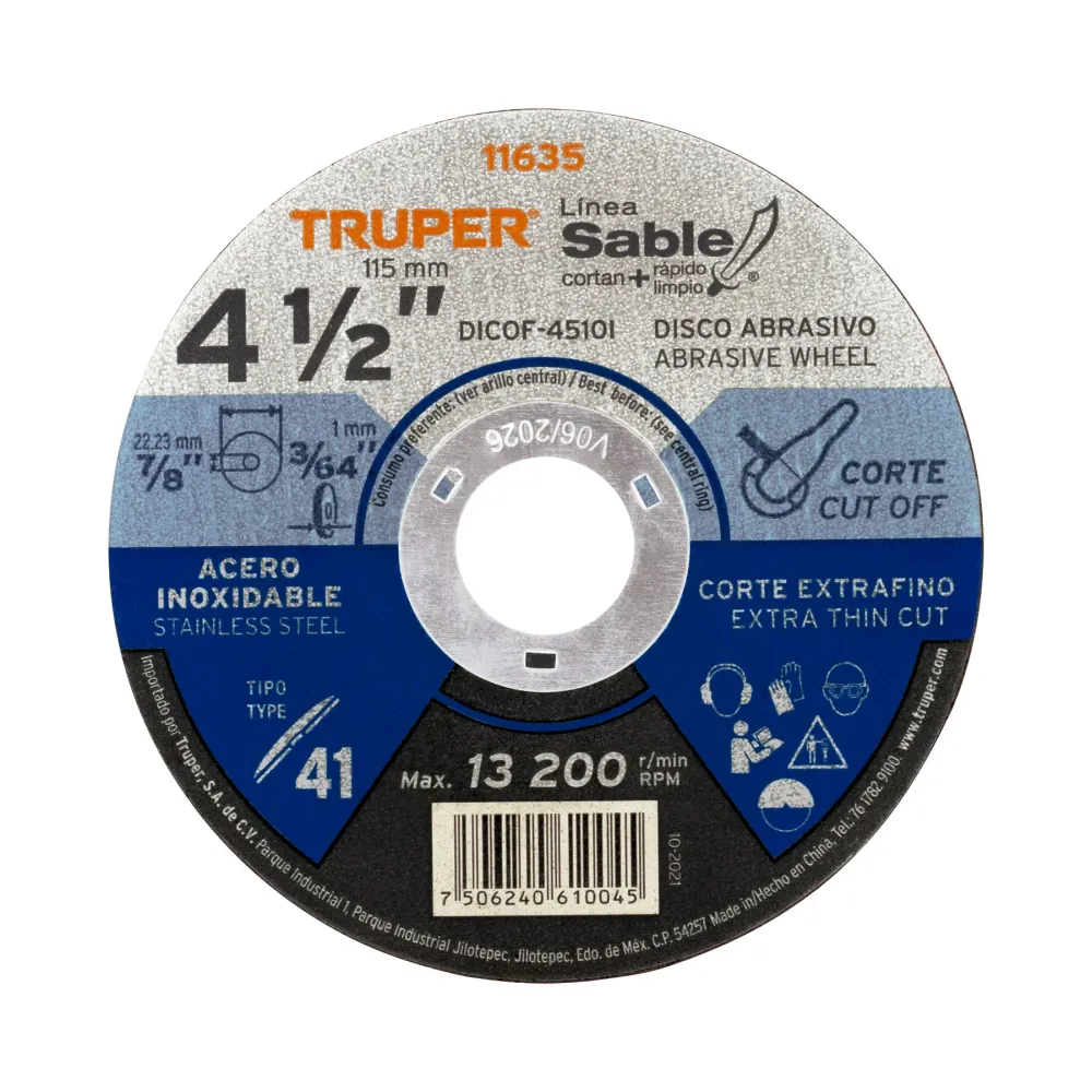Disco Tipo 41 de 4-1/2' x 1 mm corte fino acero inox, Sable 11635 DICOF-4510I Truper