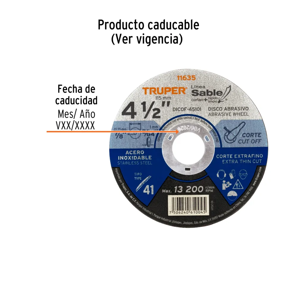 Disco Tipo 41 de 4-1/2' x 1 mm corte fino acero inox, Sable 11635 DICOF-4510I Truper