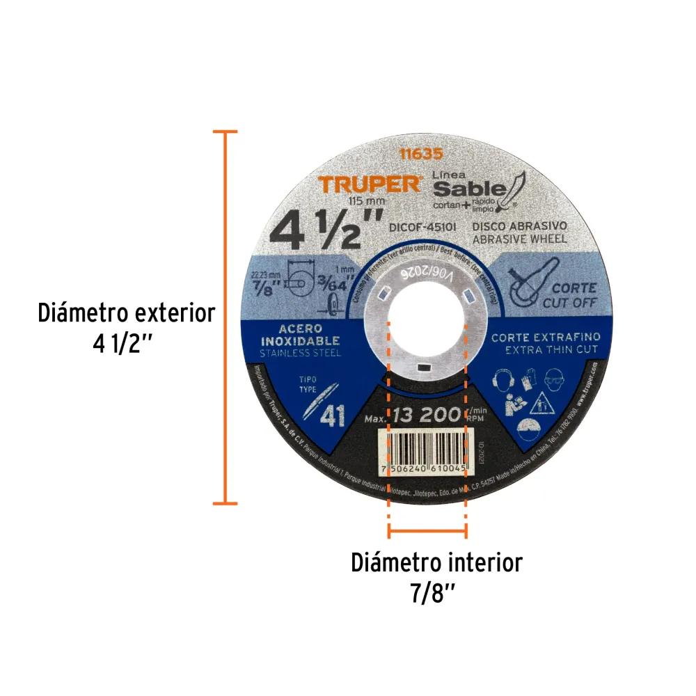 Disco Tipo 41 de 4-1/2' x 1 mm corte fino acero inox, Sable 11635 DICOF-4510I Truper
