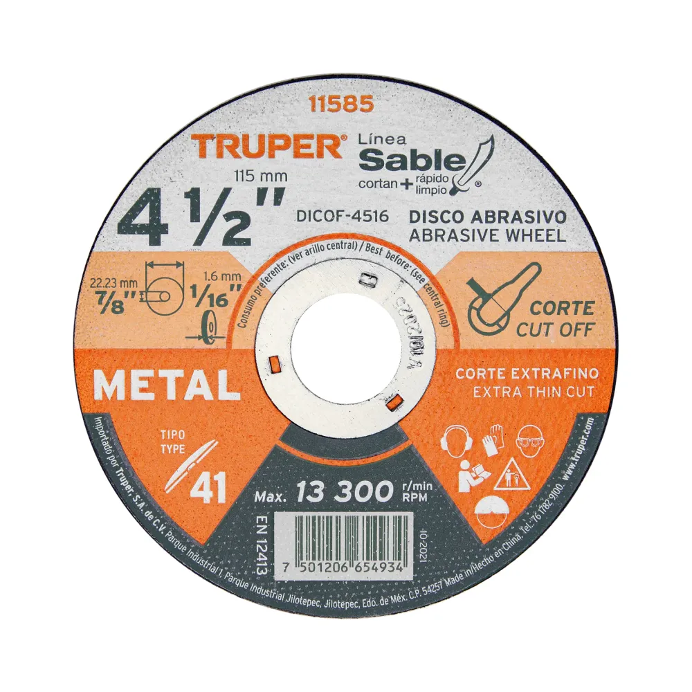 Disco Tipo 41 de 4-1/2' x 1.6 mm corte fino de metal, Sable 11585 DICOF-4516 Truper