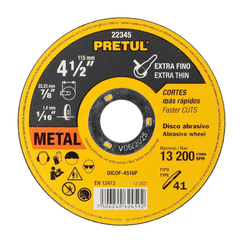 Disco Tipo 41 de 4-1/2' x 1.6 mm corte fino de metal, Sable 11585 DICOF-4516 Truper