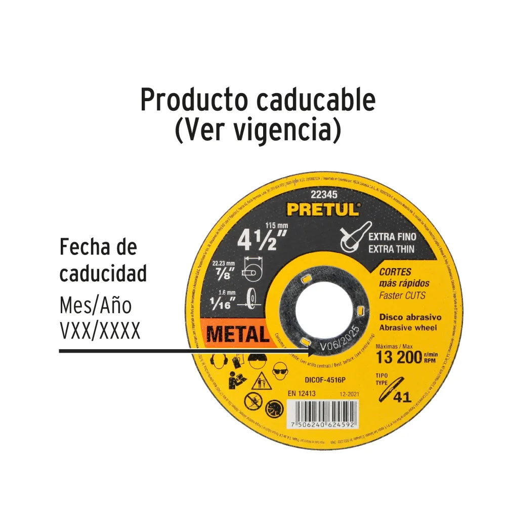 Disco Tipo 41 de 4-1/2' x 1.6 mm corte fino de metal, Sable 11585 DICOF-4516 Truper