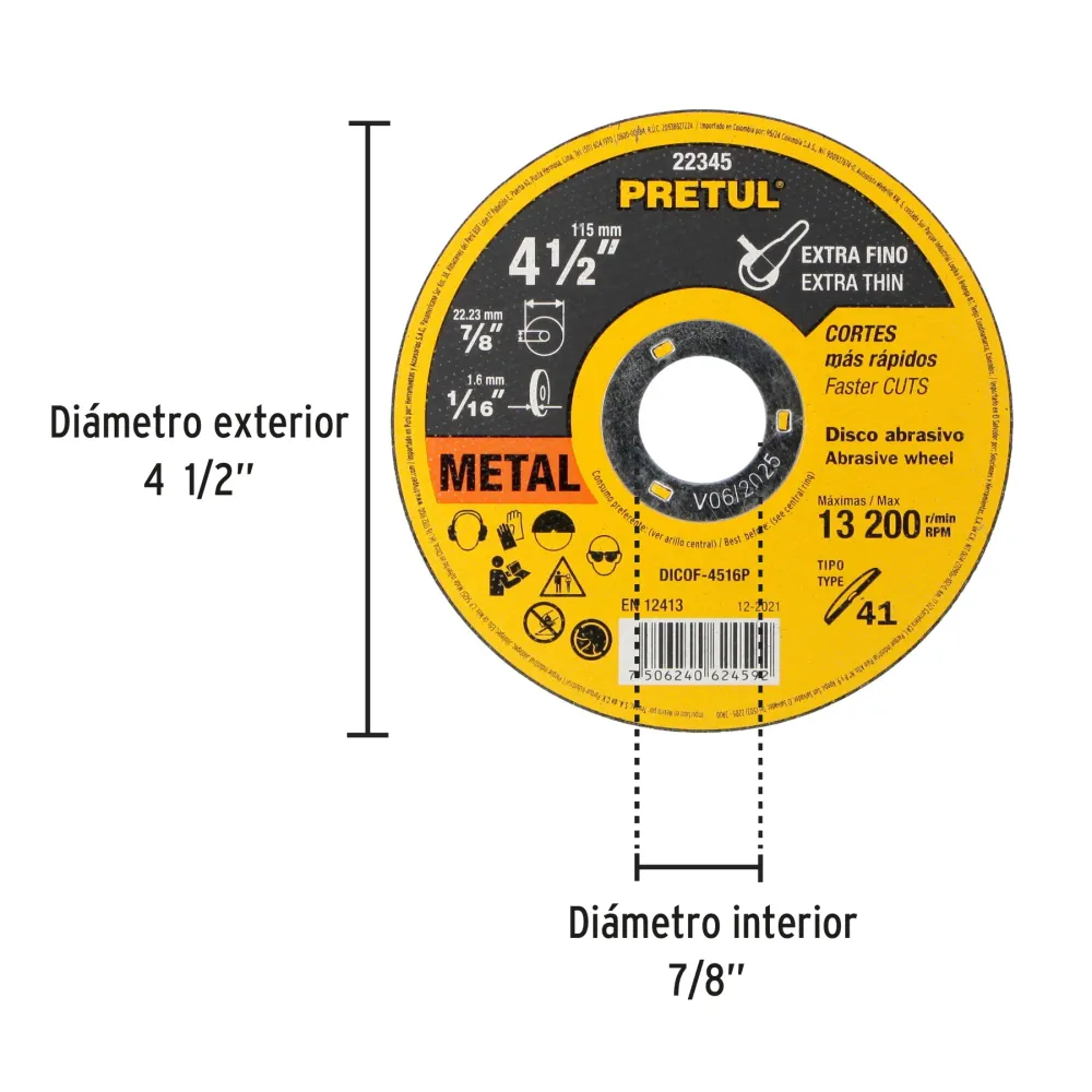Disco Tipo 41 de 4-1/2' x 1.6 mm corte fino de metal, Sable 11585 DICOF-4516 Truper