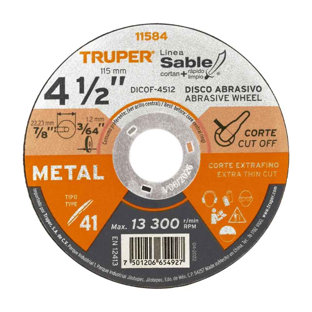 Disco Tipo 41 de 4-1/2' x 1.2 mm corte fino de metal, Sable 11584 DICOF-4512 Truper