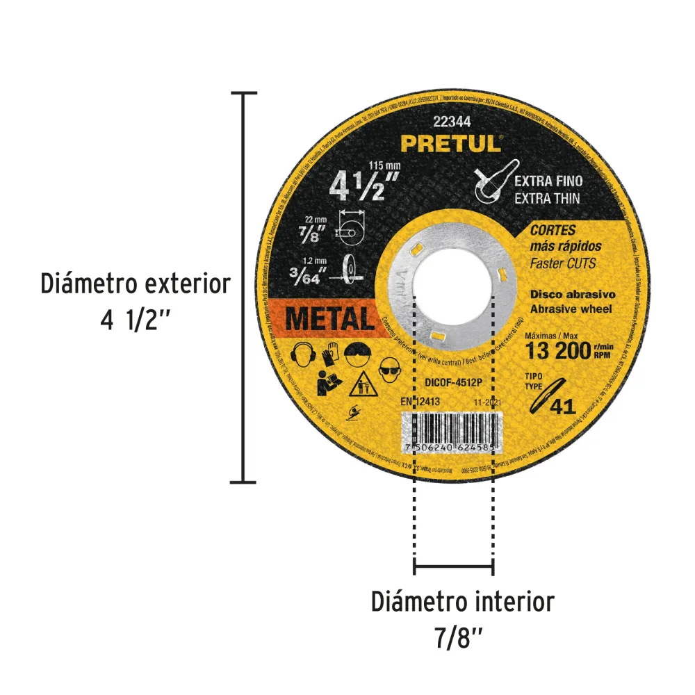 Disco Tipo 41 de 4-1/2' x 1.2 mm corte fino de metal, Sable 11584 DICOF-4512 Truper