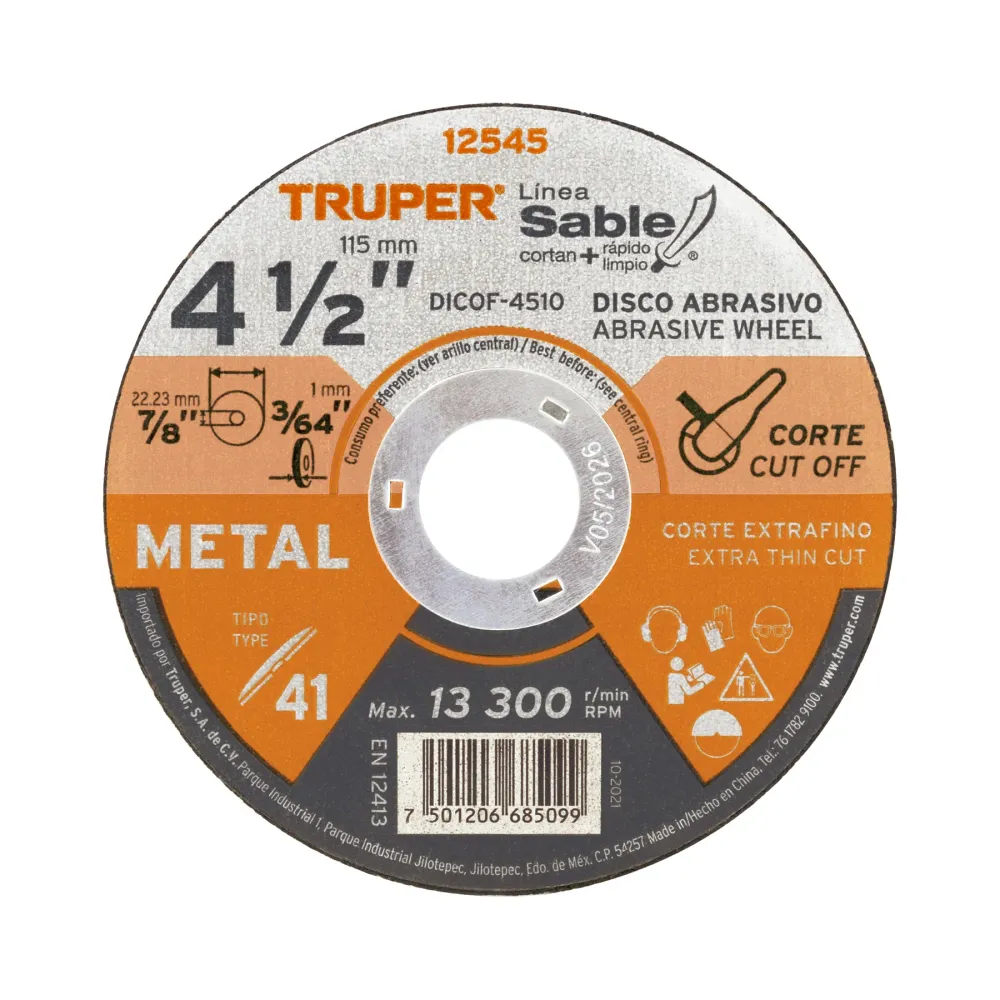 Disco Tipo 41 de 4-1/2' x 1 mm corte fino de metal, Sable 12545 DICOF-4510 Truper