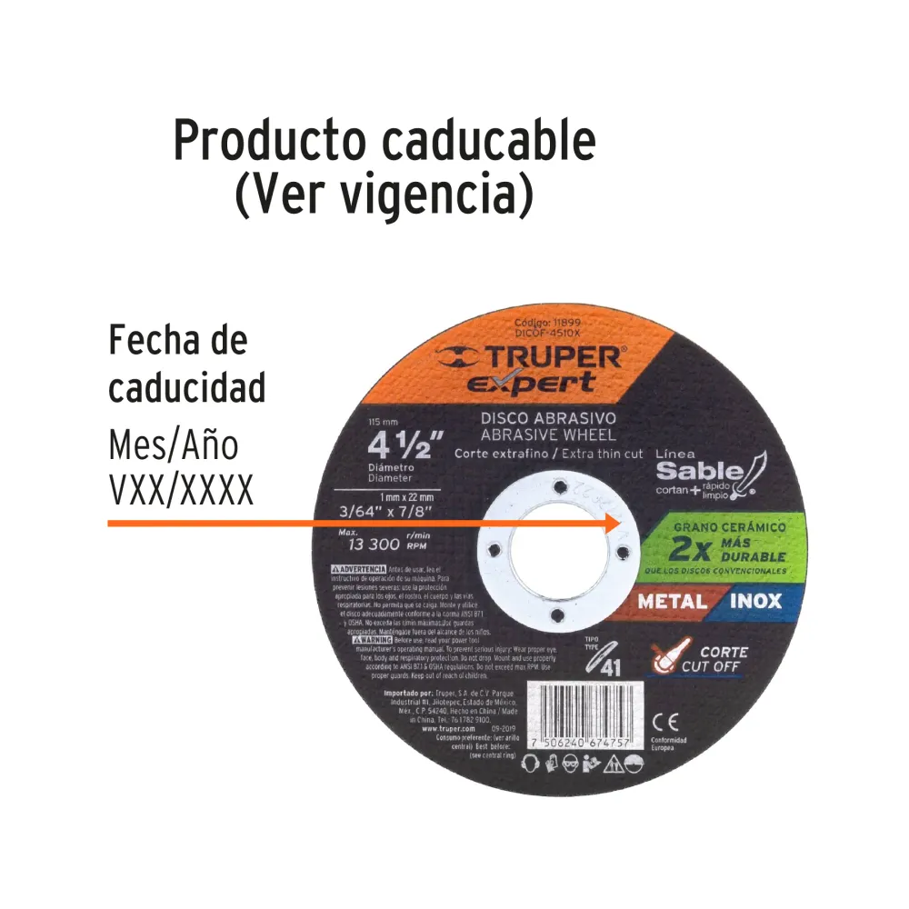 Disco Tipo 41 de 4-1/2' x 1 mm corte fino de metal, Sable 12545 DICOF-4510 Truper