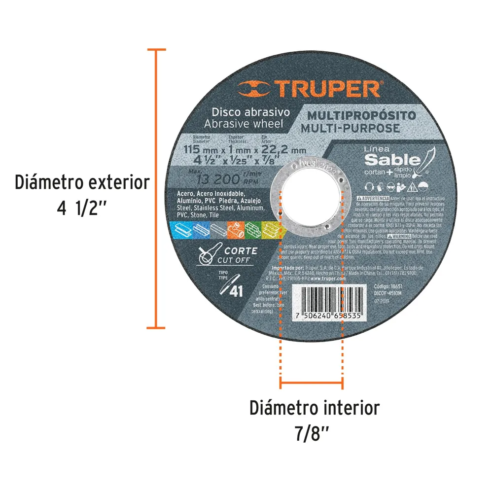 Disco Tipo 41 de 4-1/2' x 1 mm corte multimaterial, Sable Código: 18651 Truper