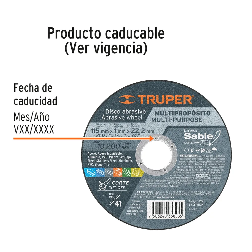 Disco Tipo 41 de 4-1/2' x 1 mm corte multimaterial, Sable Código: 18651 Truper