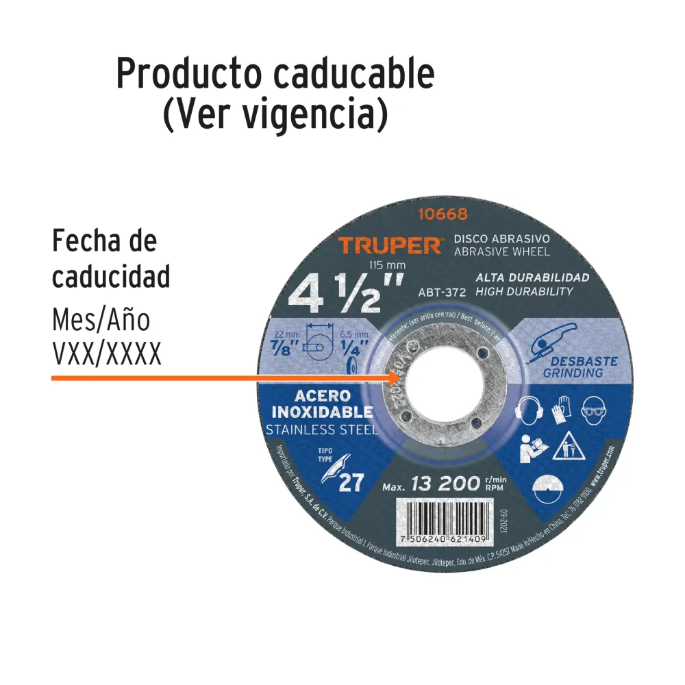 Disco Tipo 27 de 4-1/2' x 6.5 mm desbaste acero inoxidable 10668 ABT-372 Truper